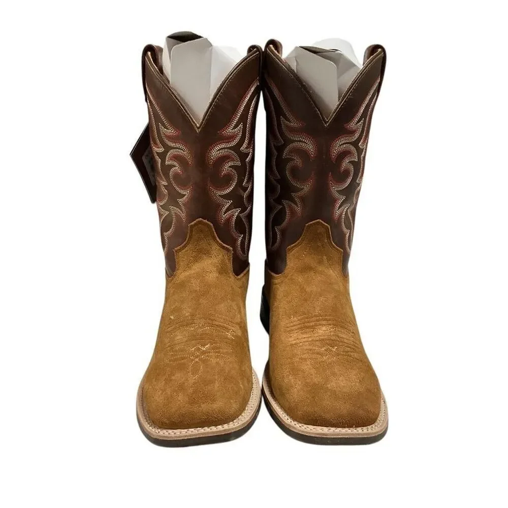 Old West Cowboy Boots Men 8 EE Brown Suede Leather Square Toe Embroidery Western